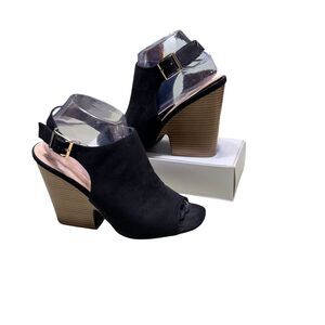 Wild Diva Lounge Open Toe Sandals Black Suede Size‎ 9 Wood Block Heel